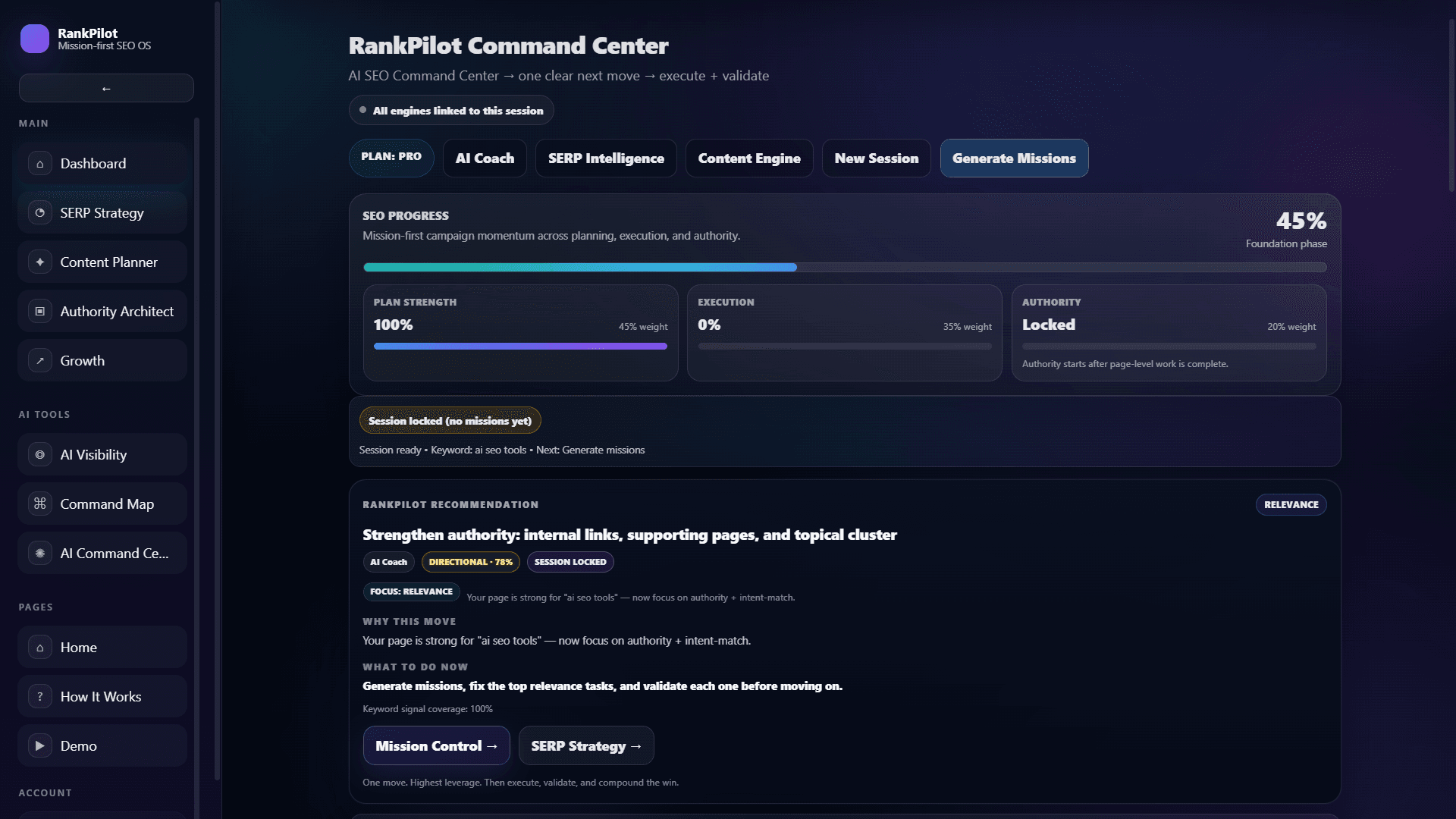 RankPilot SEO dashboard showing AI mission engine and ranking improvements