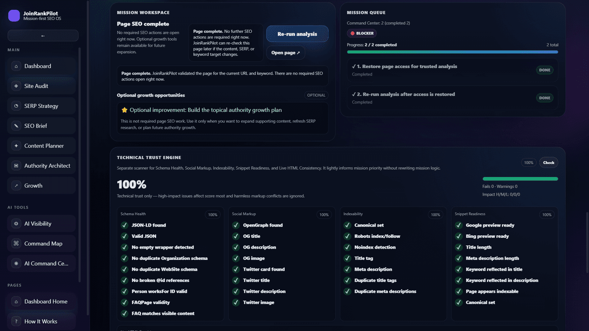 JoinRankPilot SEO mission system generating actionable ranking tasks