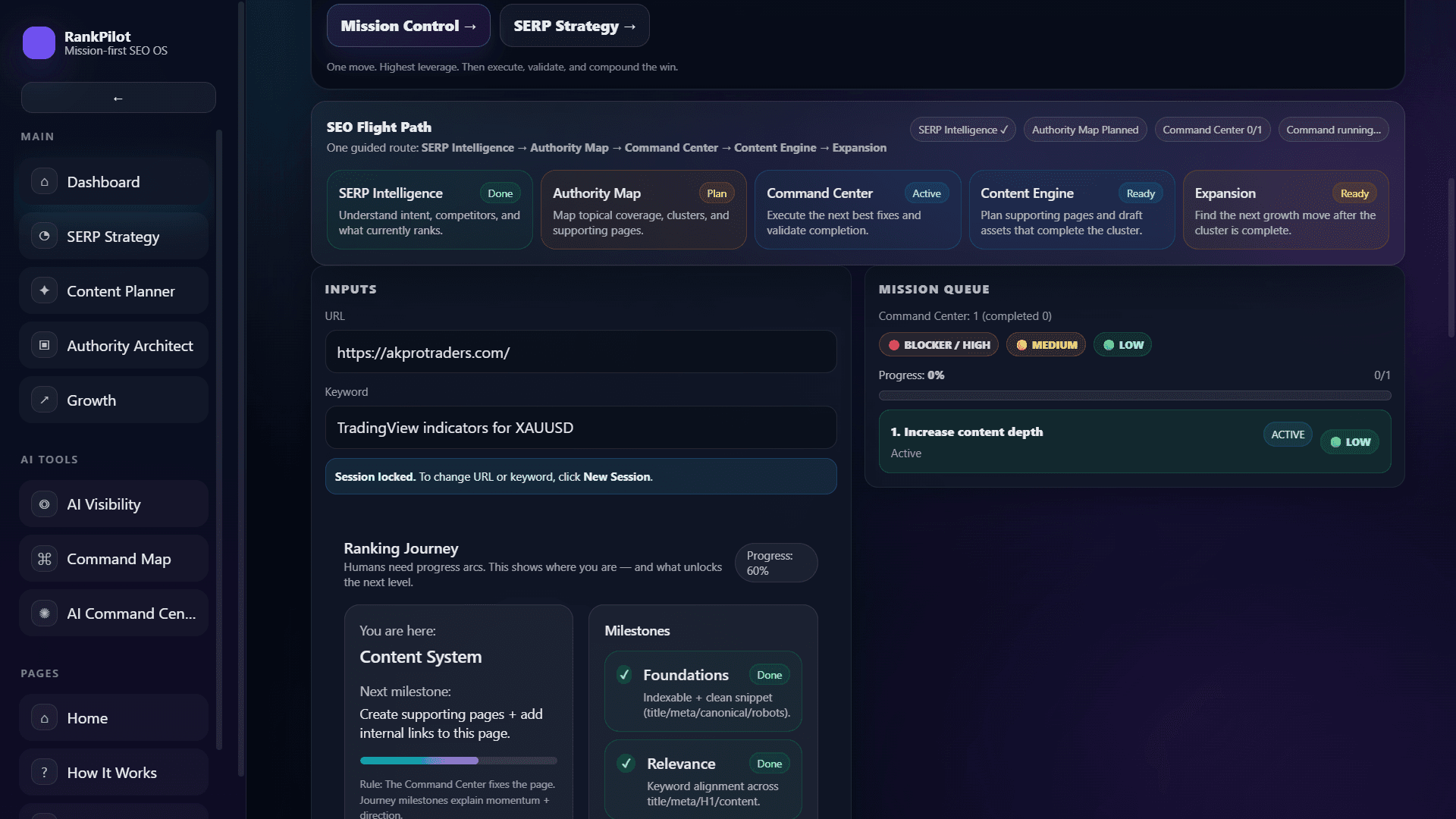 RankPilot SEO mission system generating actionable ranking tasks