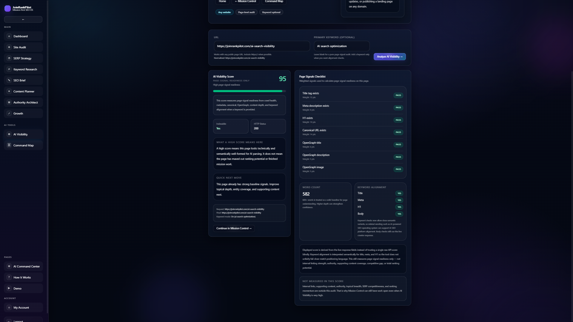 JoinRankPilot AI Visibility score showing keyword alignment for AI search optimization