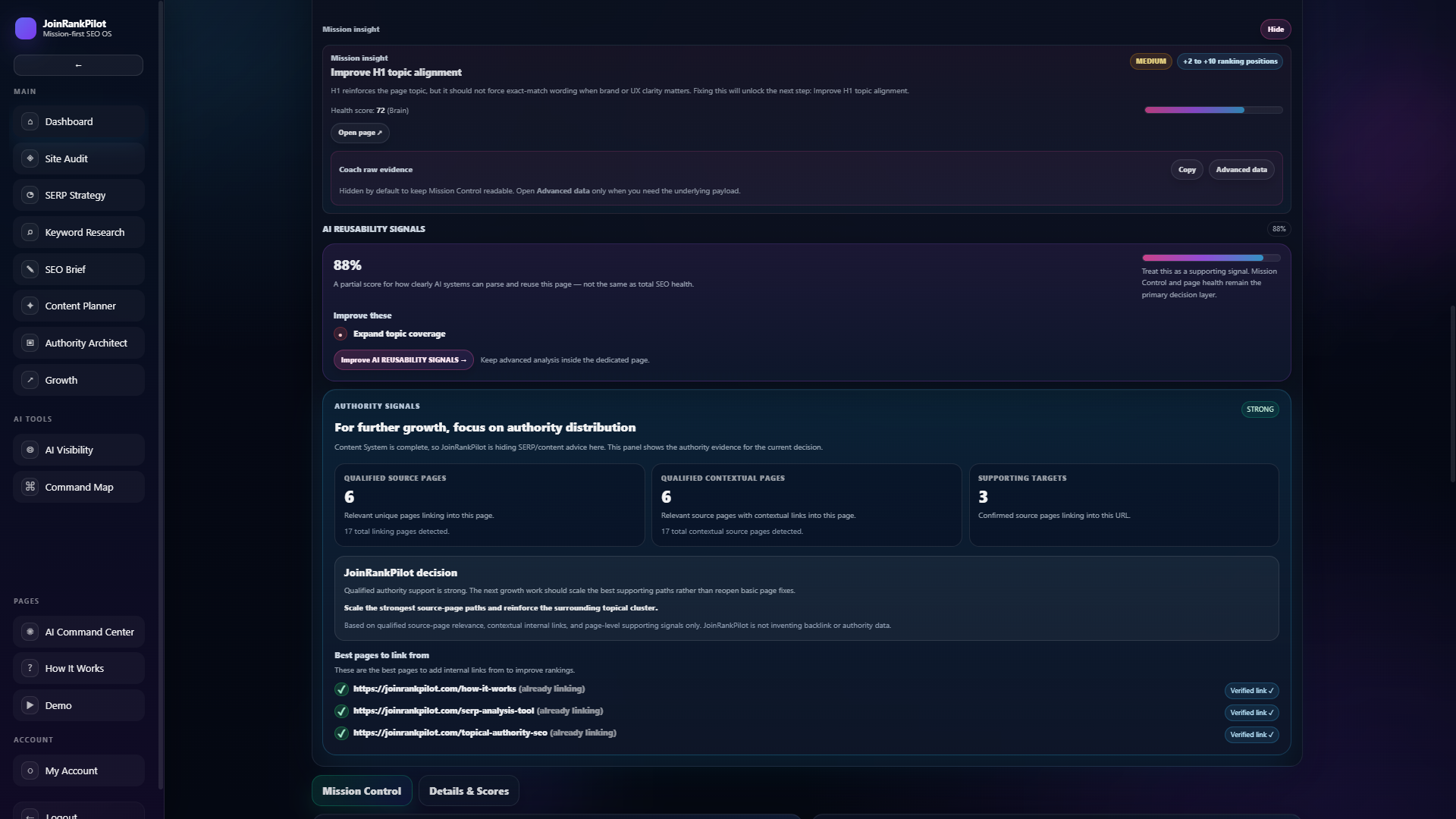 JoinRankPilot authority signals showing supporting source pages and internal link recommendations