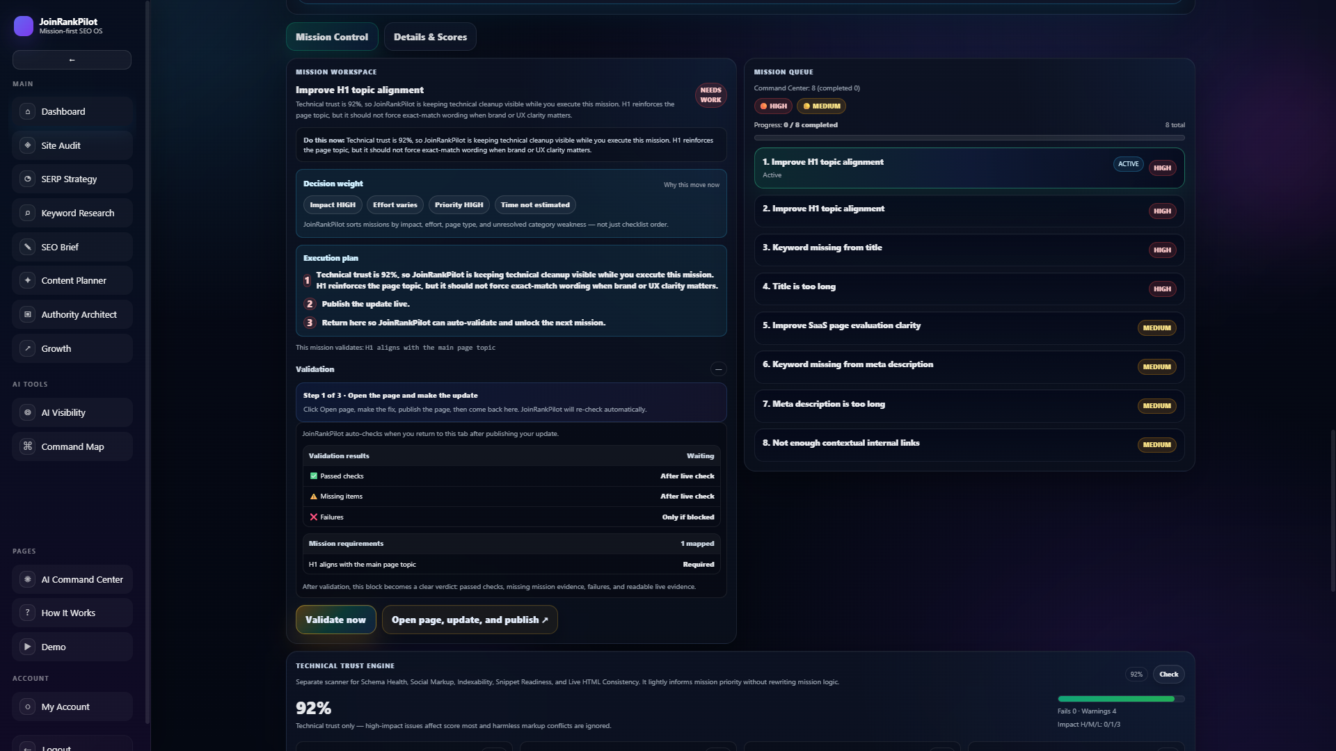 JoinRankPilot Command Center showing an active AI search optimization mission