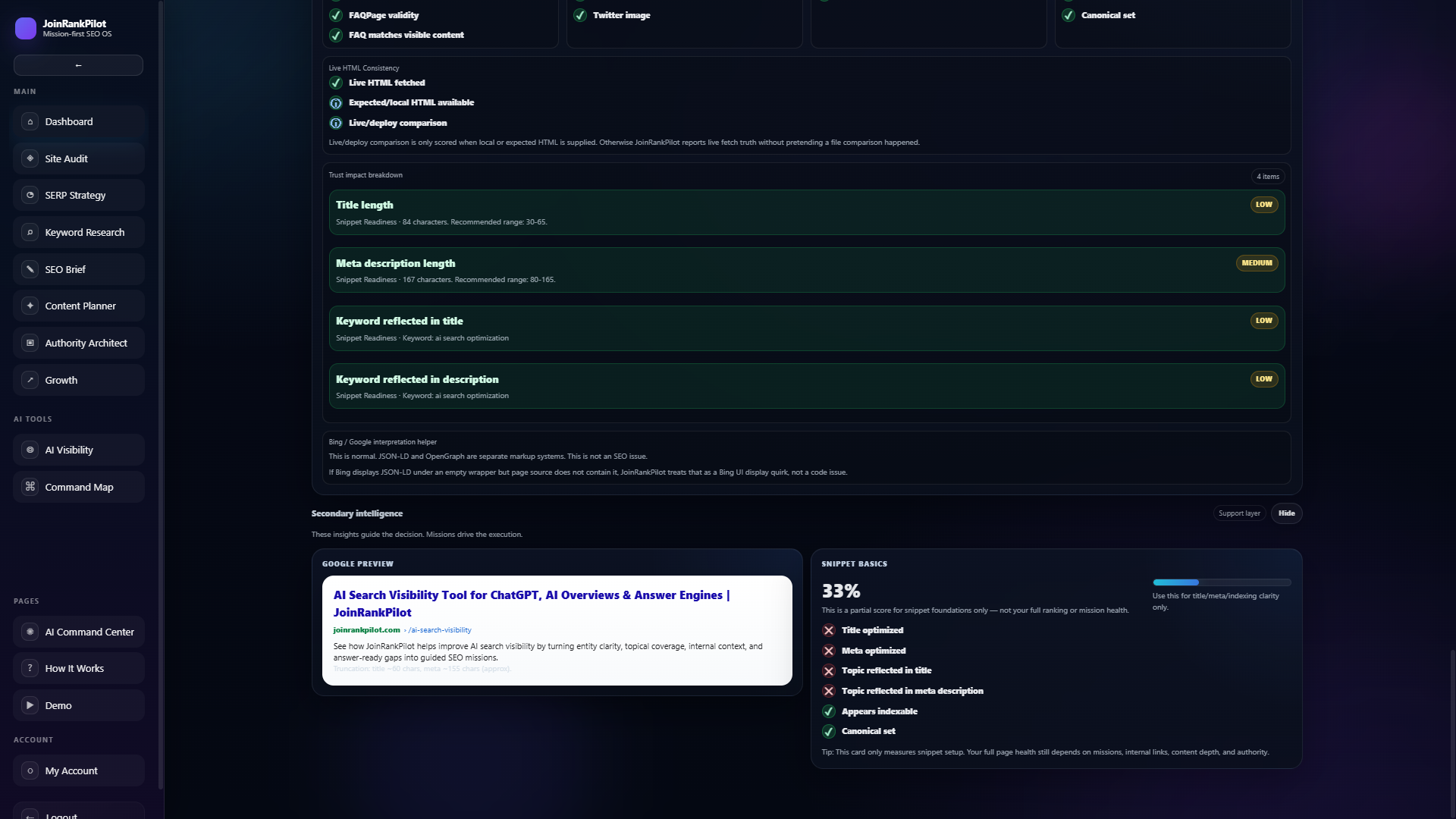 JoinRankPilot mission workspace with prioritized SEO missions and validation workflow